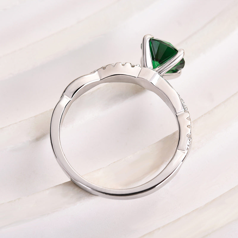 Twist Round Cut Emerald Green Engagement Ring In Sterling Silver