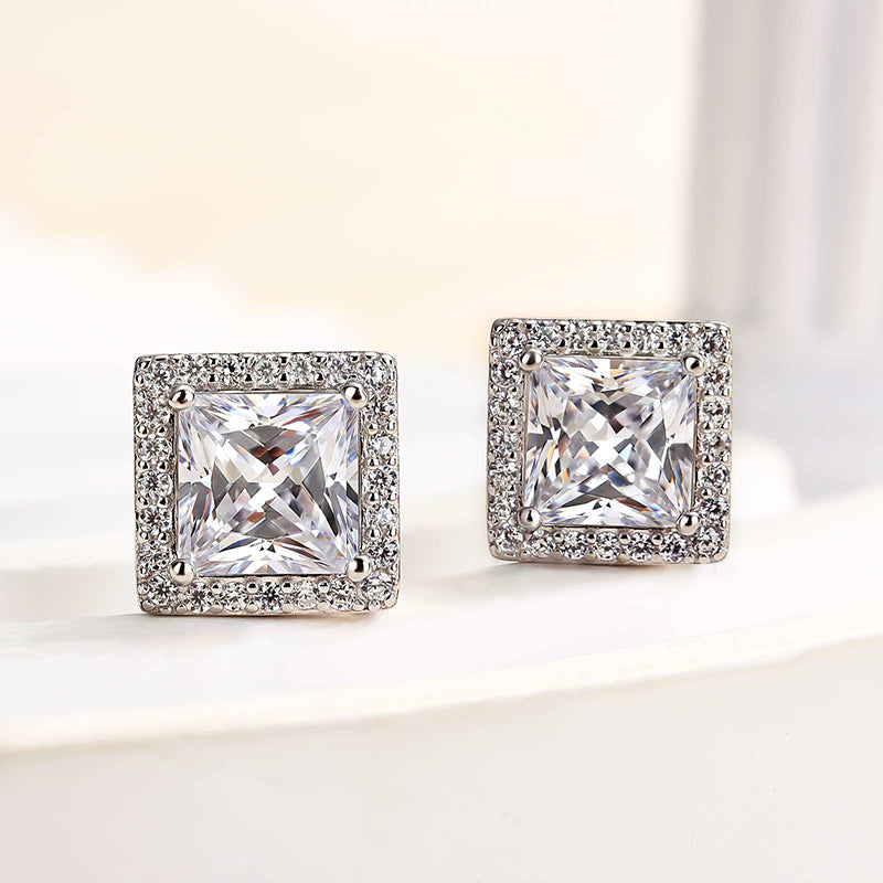 2.0Ct Fashion Halo Princess Cut Sona Simulated Diamond Stud Earrings In Sterling Silver
