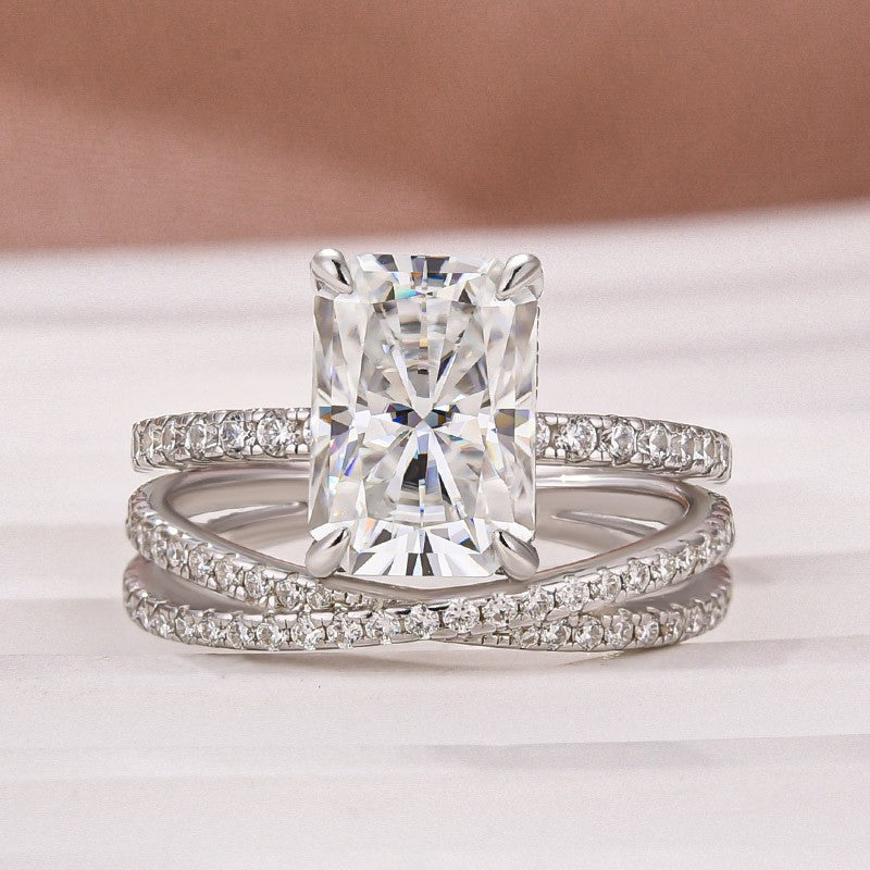 3.5Ct Radiant Cut White Gold Moissanite Diamond Wedding Ring with Criss Cross Band