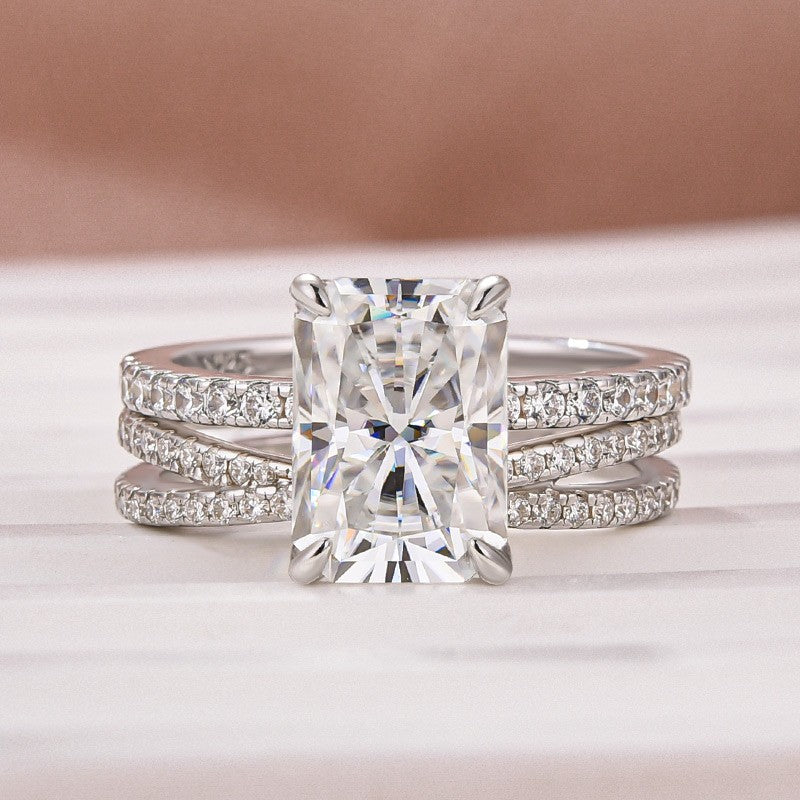 3.5Ct Radiant Cut White Gold Moissanite Diamond Wedding Ring with Criss Cross Band
