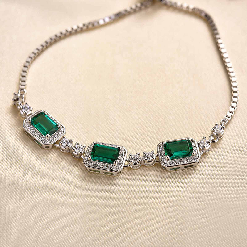Luxury Emerald Cut Emerald Green Bracelet for Women In Sterling Silver