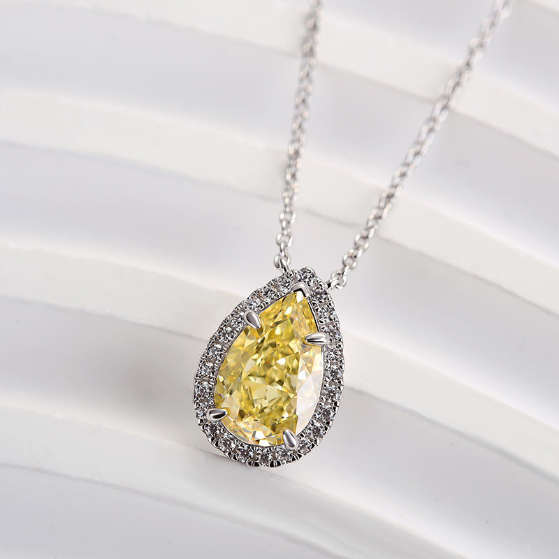 2.0Ct Exquisite Halo Pear Cut Yellow Sapphire Pendant with Necklace In Sterling Silver