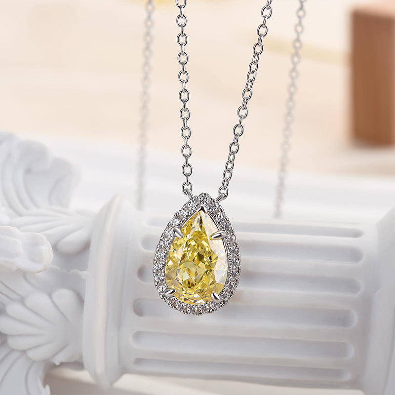 2.0Ct Exquisite Halo Pear Cut Yellow Sapphire Pendant with Necklace In Sterling Silver