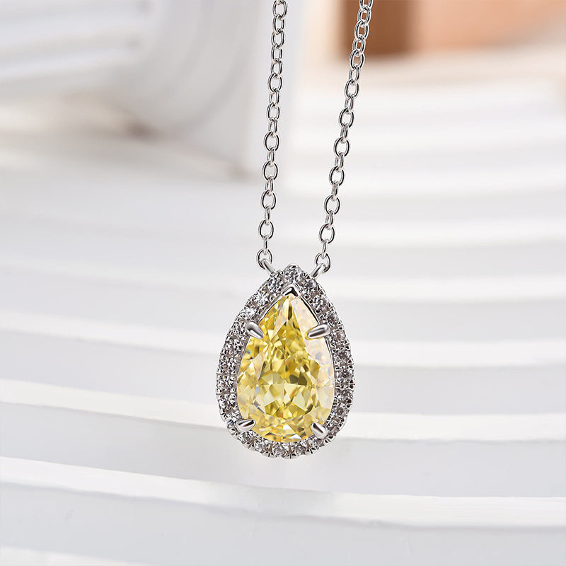 2.0Ct Exquisite Halo Pear Cut Yellow Sapphire Pendant with Necklace In Sterling Silver