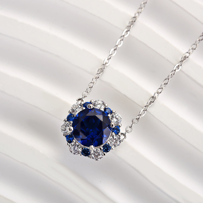 2.0 Ct Vintage Halo Round Cut Blue Sapphire Women's Pendant Necklace