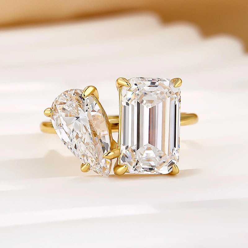 Unique Double Stones Design Emerald Cut & Pear Cut Engagement Ring In Sterling Silver