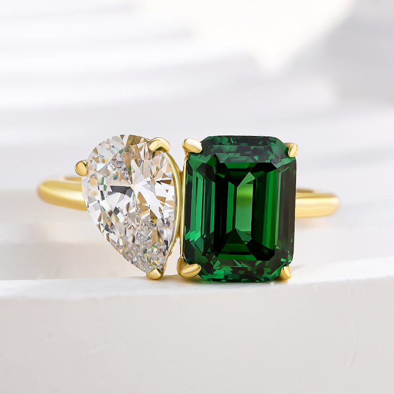 Special Two Stones Design Emerald & Pear Cut Engagement Ring In Sterling Silver