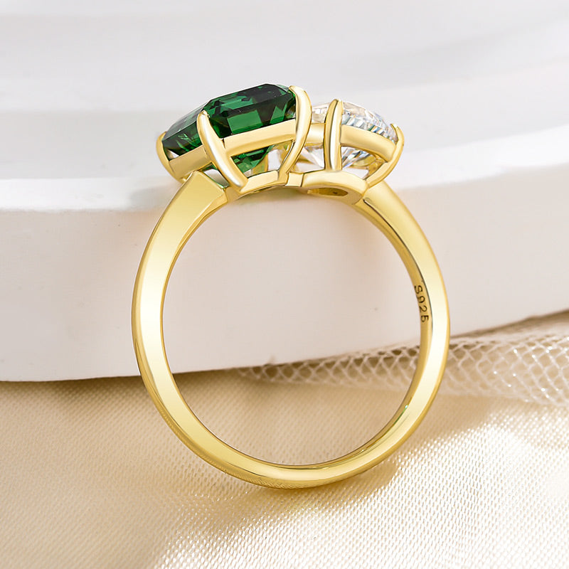 Special Two Stones Design Emerald & Pear Cut Engagement Ring In Sterling Silver