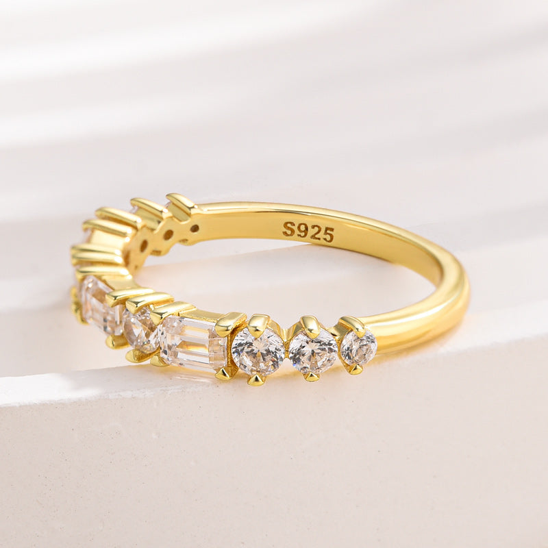 Fashion Yellow Gold Half Emerald & Round Cut Diamond Wedding Band In Sterling Silver