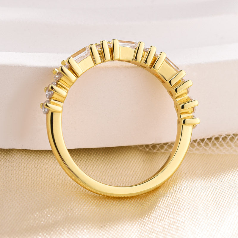 Fashion Yellow Gold Half Emerald & Round Cut Diamond Wedding Band In Sterling Silver