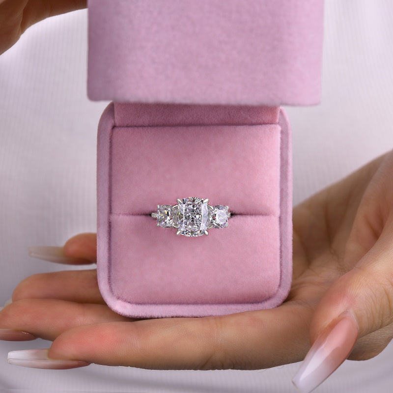 Stunning Cushion Cut Three Stone Engagement Ring In Sterling Silver