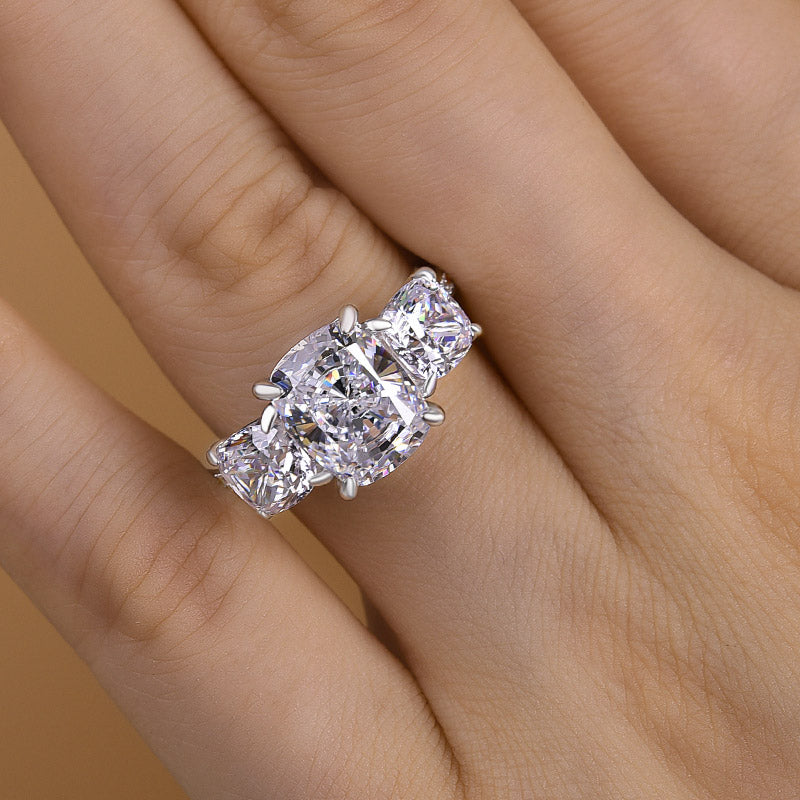 Stunning Cushion Cut Three Stone Engagement Ring In Sterling Silver
