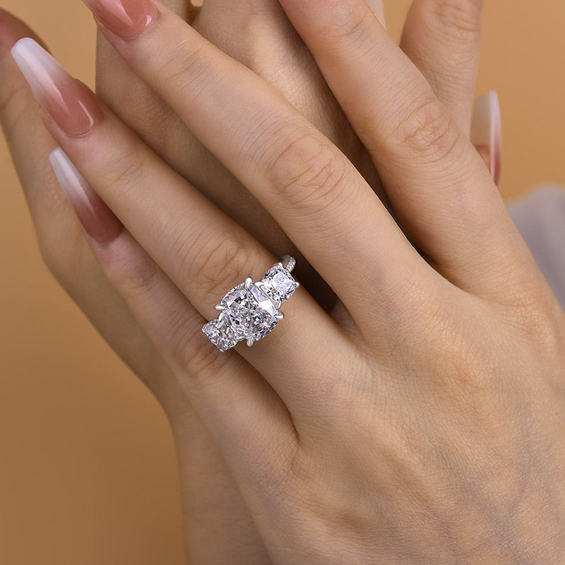 Stunning Cushion Cut Three Stone Engagement Ring In Sterling Silver