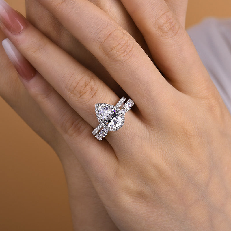 Sterling Silver Bridal Set Halo Pear Cut Engagement Ring & Pear Cut Wedding Band