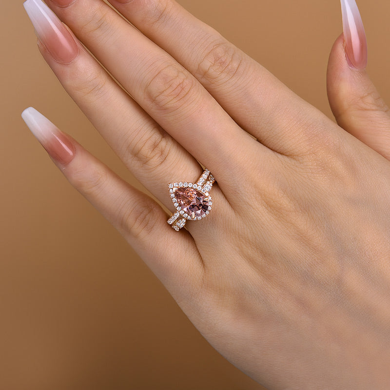 Rose Gold Halo 2.2 Carat Pear Cut Peachy Pink Stone Wedding Set For Women