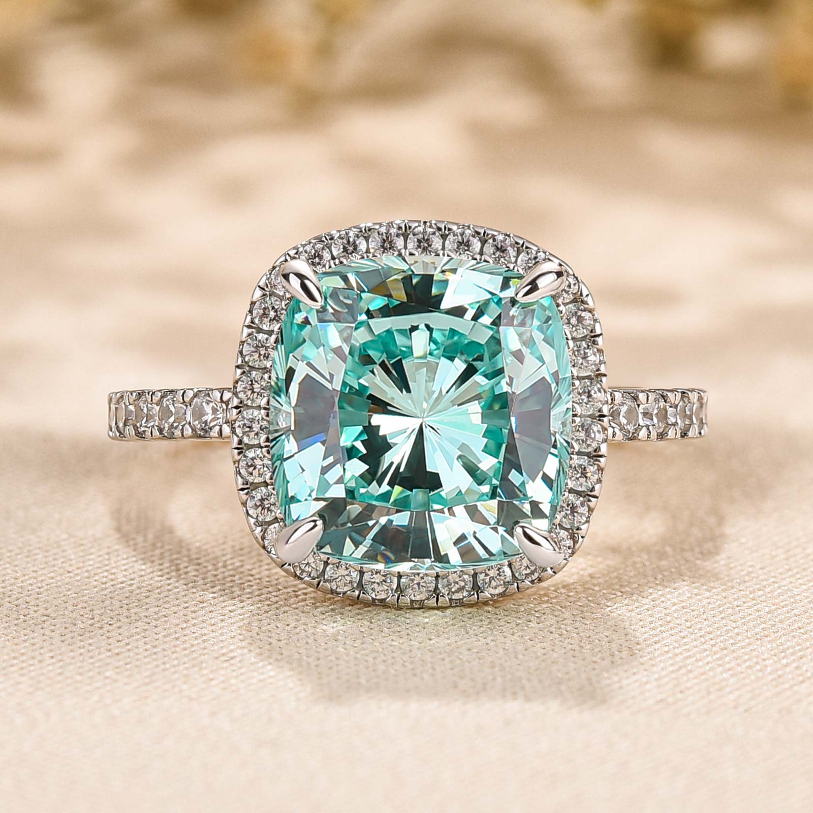 Exquisite Halo Cushion Cut Cyan Blue Engagement Ring In Sterling Silver