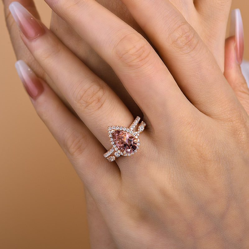 Rose Gold Halo 2.2 Carat Pear Cut Peachy Pink Stone Wedding Set For Women