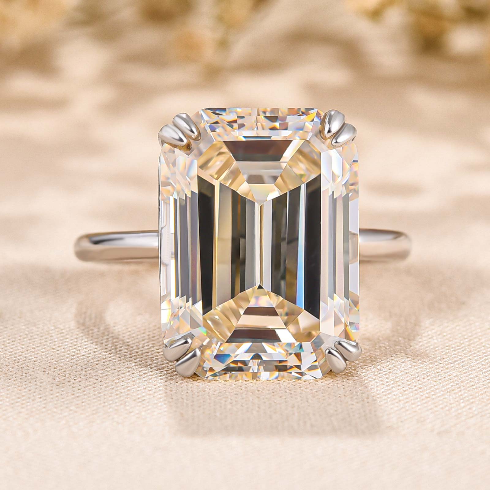 Luxurious Big Emerald Cut Engagement Ring In Sterling Silver