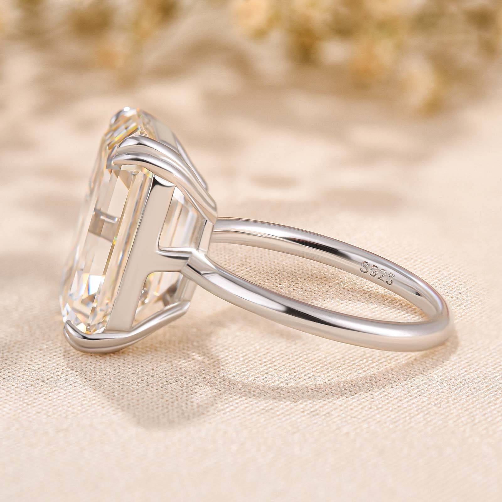 Luxurious Big Emerald Cut Engagement Ring In Sterling Silver