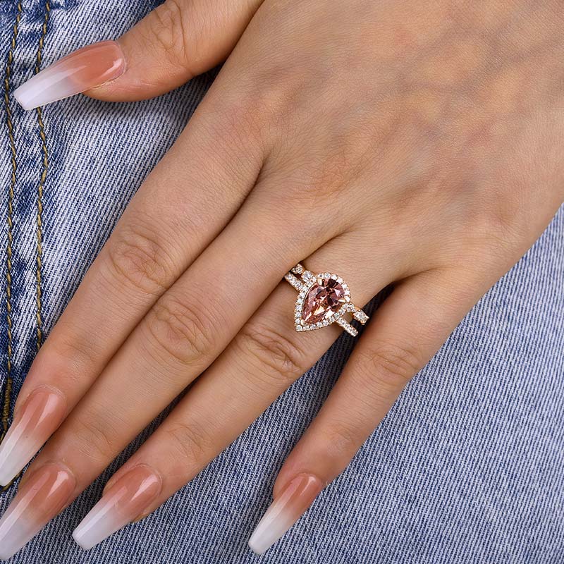 Rose Gold Halo 2.2 Carat Pear Cut Peachy Pink Stone Wedding Set For Women