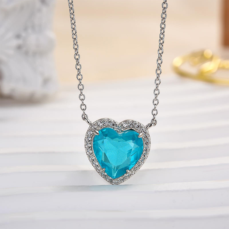 4.0Ct Halo Heart Cut Aquamarine Blue Necklace For Women In Sterling Silver