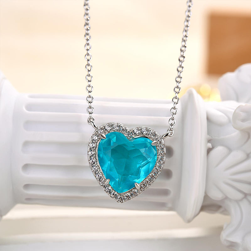 4.0Ct Halo Heart Cut Aquamarine Blue Necklace For Women In Sterling Silver