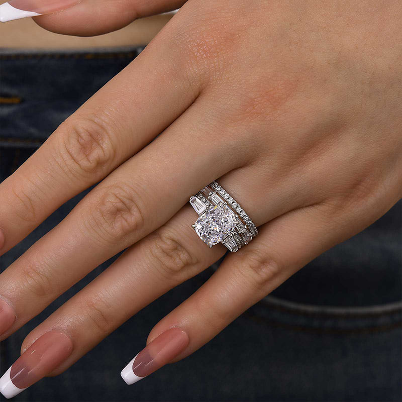Ahabobo Luxury Cushion Cut Three Stone 4PC Wedding Set