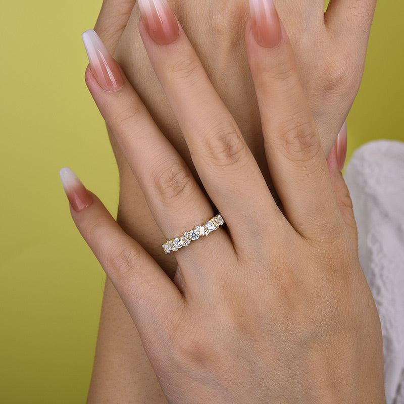 Yellow Gold Round Cut & Emerald Cut Wedding Band In Sterling Silver