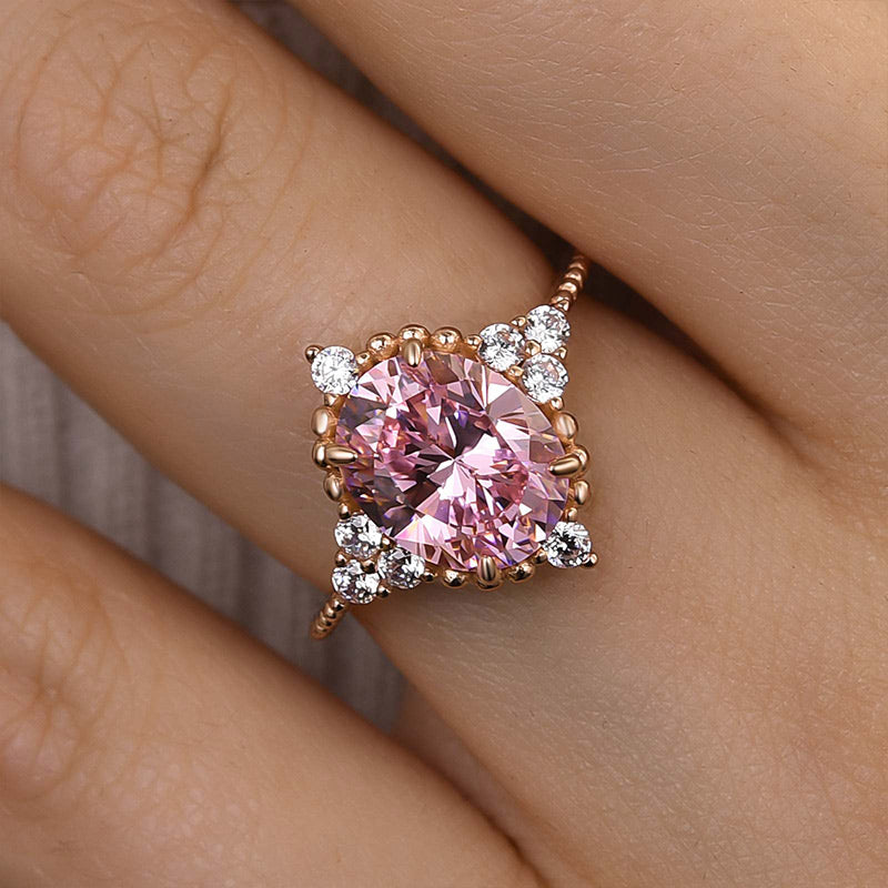 Ahabobo Pink Stone Rose Gold Oval Cut Engagement Ring