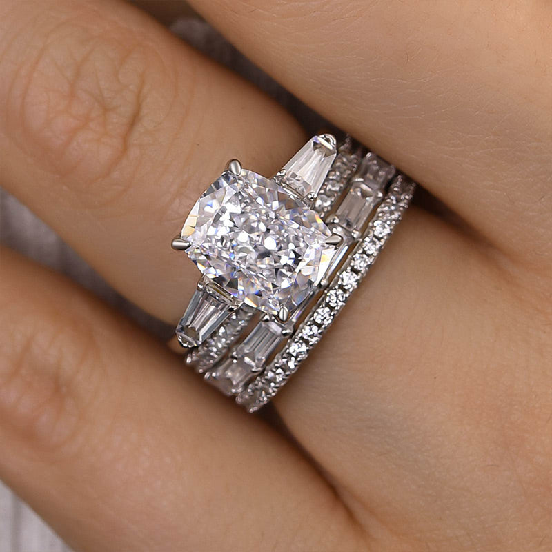 Ahabobo Luxury Cushion Cut Three Stone 4PC Wedding Set