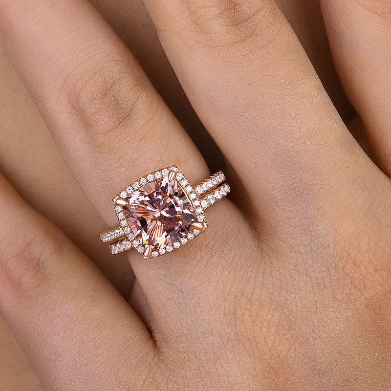 Morganite Women's Bridal Set 5.0 Carat Cushion Cut Wedding Ring Set In Sterling Silver