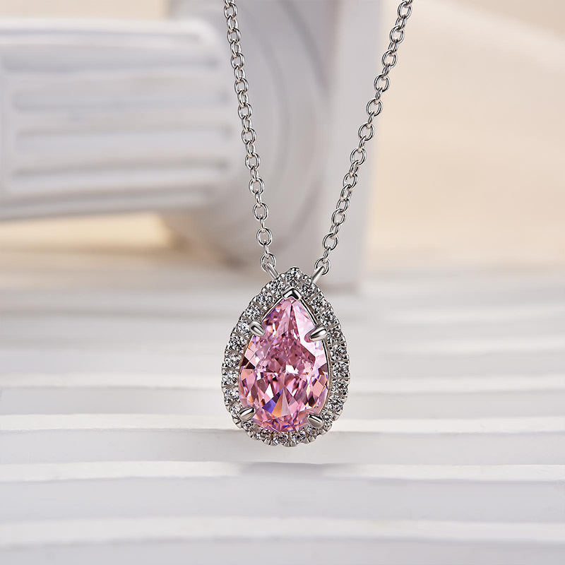 2.0Ct Elegant Halo Pear Cut Pink Sapphire Pendant with Necklace In Sterling Silver