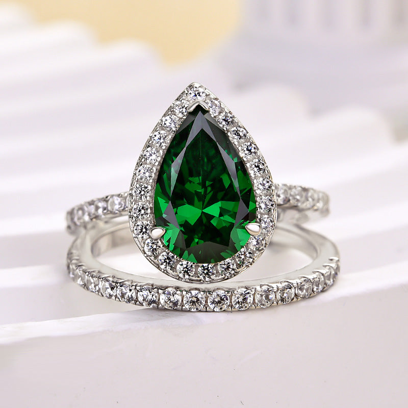 Simple 2.2 Carat Emerald Green Halo Pear Cut Wedding Set In Sterling Silver