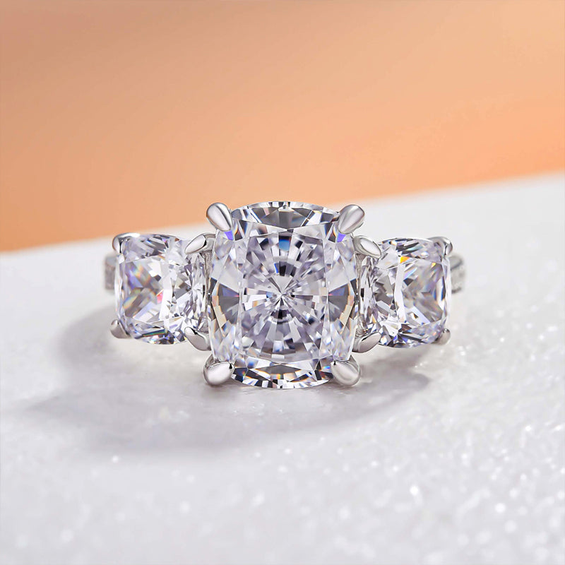 Stunning Cushion Cut Three Stone Engagement Ring In Sterling Silver