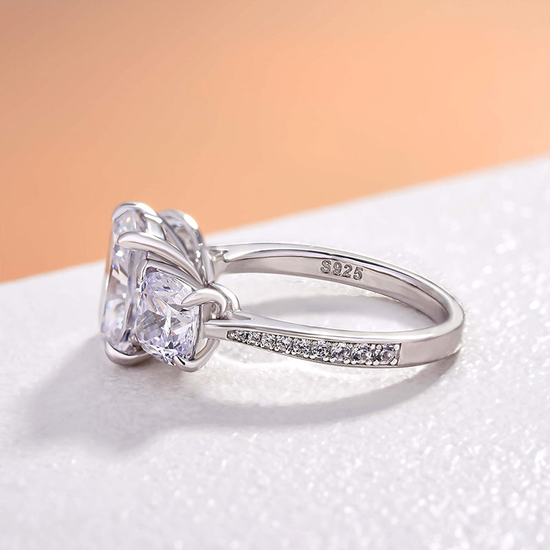 Stunning Cushion Cut Three Stone Engagement Ring In Sterling Silver