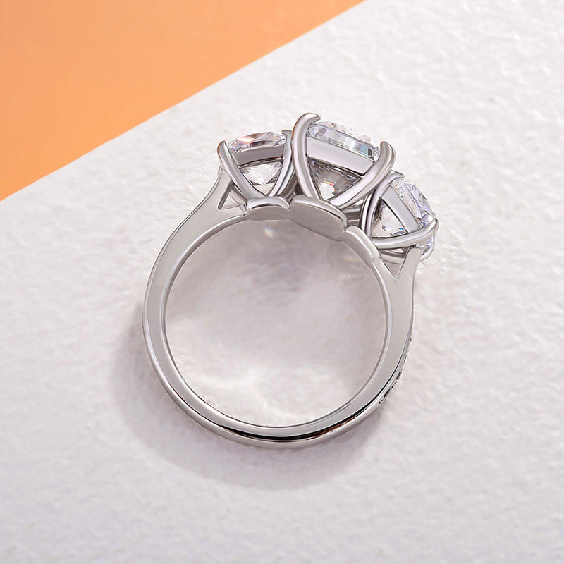 Stunning Cushion Cut Three Stone Engagement Ring In Sterling Silver