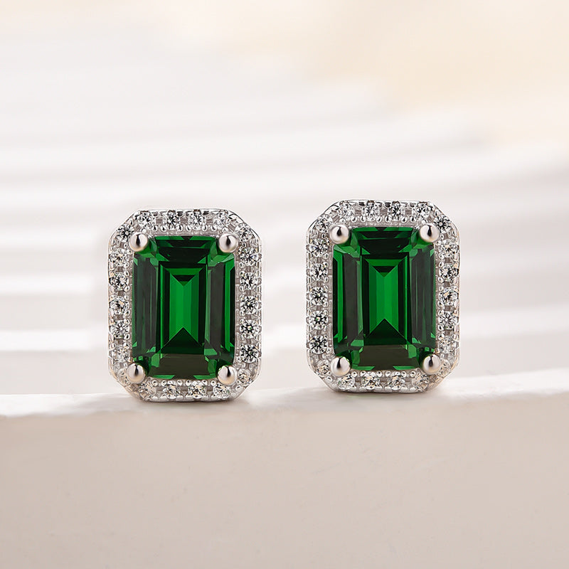 1.5Ct Emerald Green Halo Emerald Cut Women's Stud Earrings