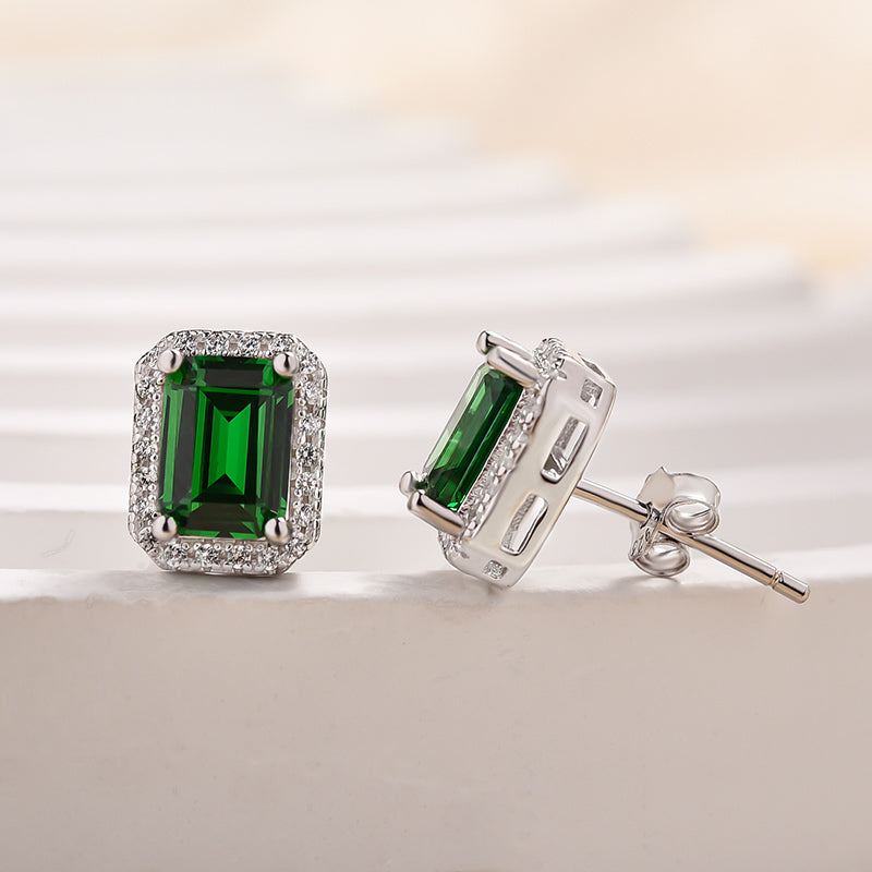 1.5Ct Emerald Green Halo Emerald Cut Women's Stud Earrings