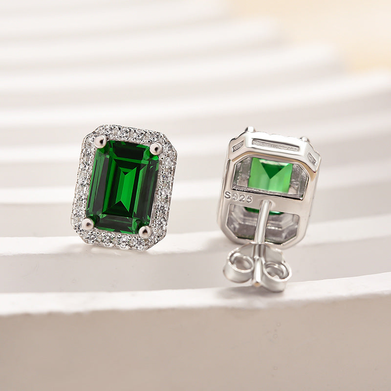 1.5Ct Emerald Green Halo Emerald Cut Women's Stud Earrings