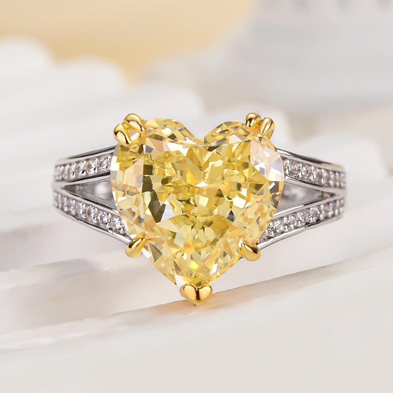 Ahabobo Exquisite Yellow Stone Heart Cut Two Tone Engagement Ring