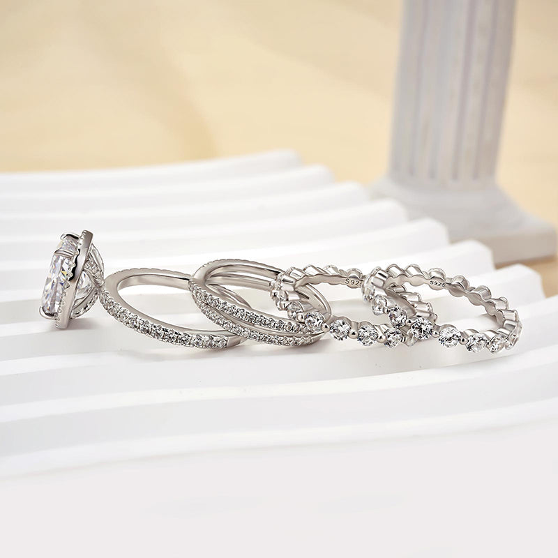 Ahabobo 4PC Luxurious Halo Cushion Cut Women's Wedding Set