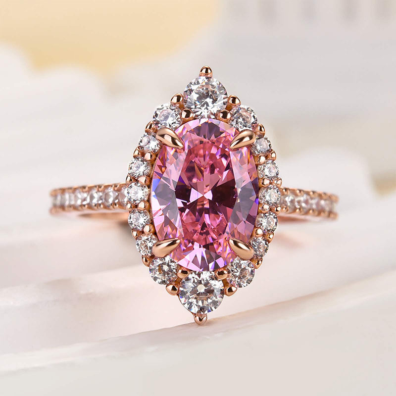 Ahabobo Pink Stone Rose Gold Halo Oval Cut Engagement Ring