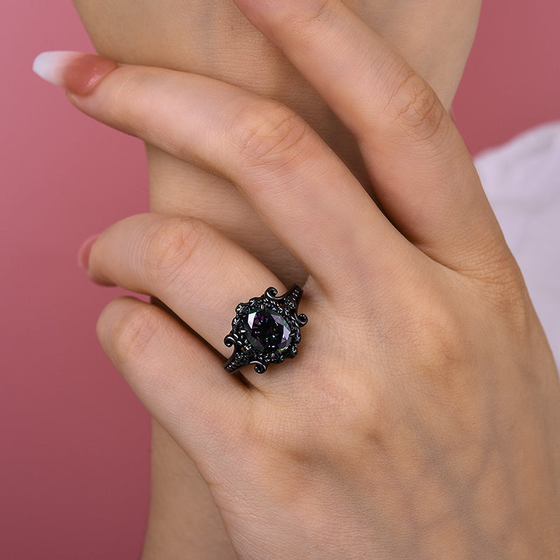Vintage Black Gold Halo Oval Cut Alexandrite Engagement Ring In Sterling Silver