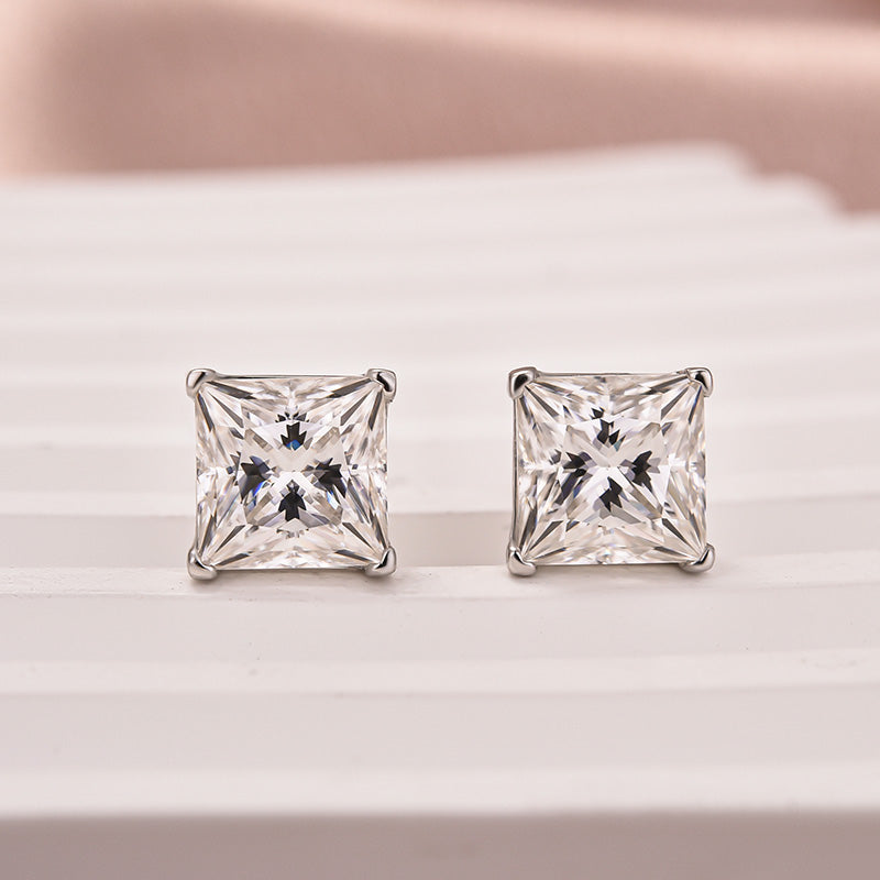 2.0Ct Classic Moissanite Square Princess Cut Stud Earrings In Sterling Silver