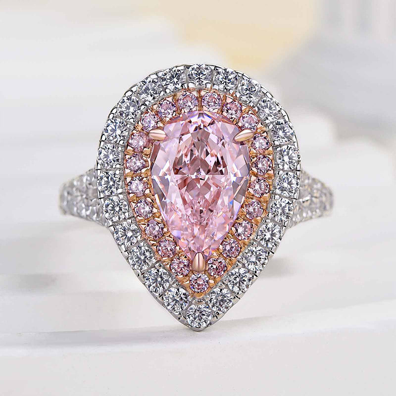 Honorable Split Shank Double Halo Pear Cut Pink Sapphire Engagement Ring In Sterling Silver