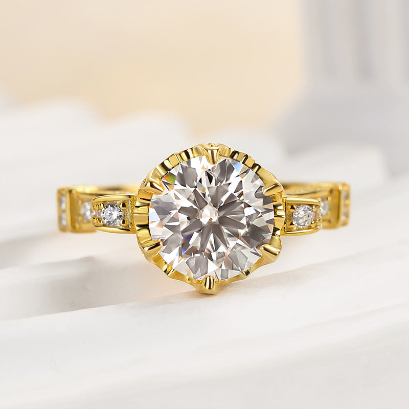 Moissanite Yellow Gold 2.0 Carat Round Cut Vintage Engagement Ring