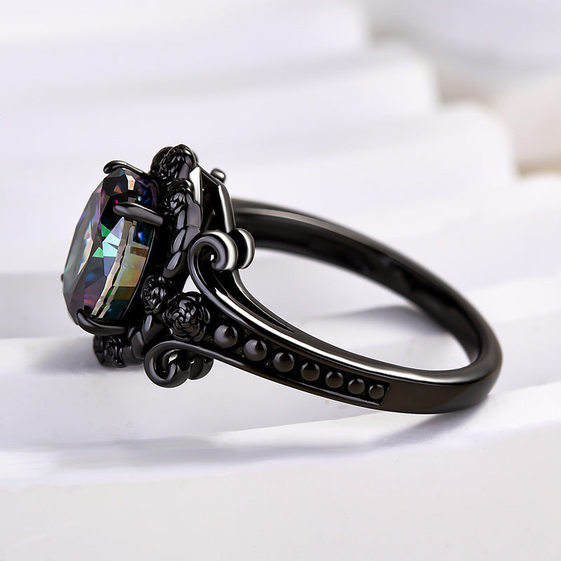 Vintage Black Gold Halo Oval Cut Alexandrite Engagement Ring In Sterling Silver