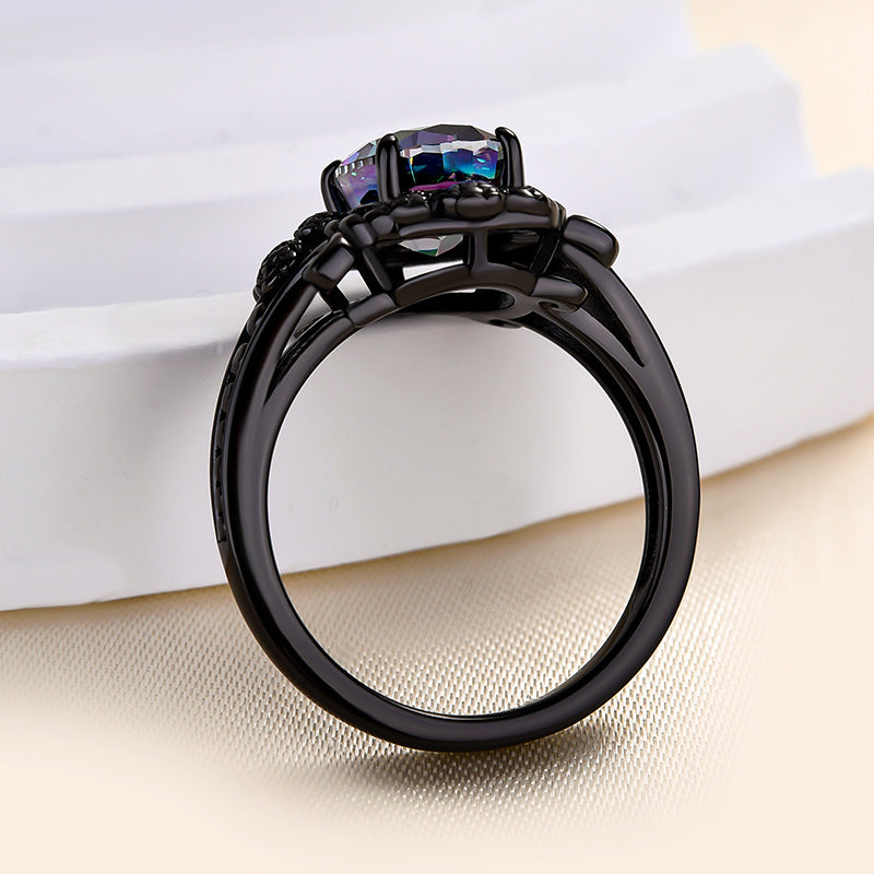 Vintage Black Gold Halo Oval Cut Alexandrite Engagement Ring In Sterling Silver