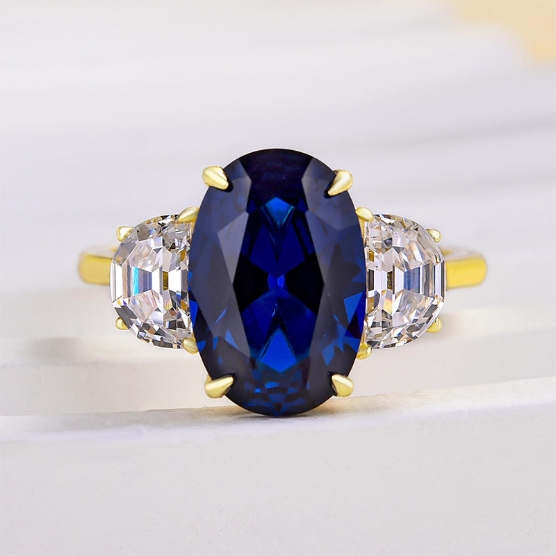 Yellow Gold 3.5 Carat Blue Sapphire Oval Cut Three Stone Engagement Ring