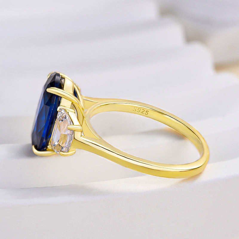 Yellow Gold 3.5 Carat Blue Sapphire Oval Cut Three Stone Engagement Ring
